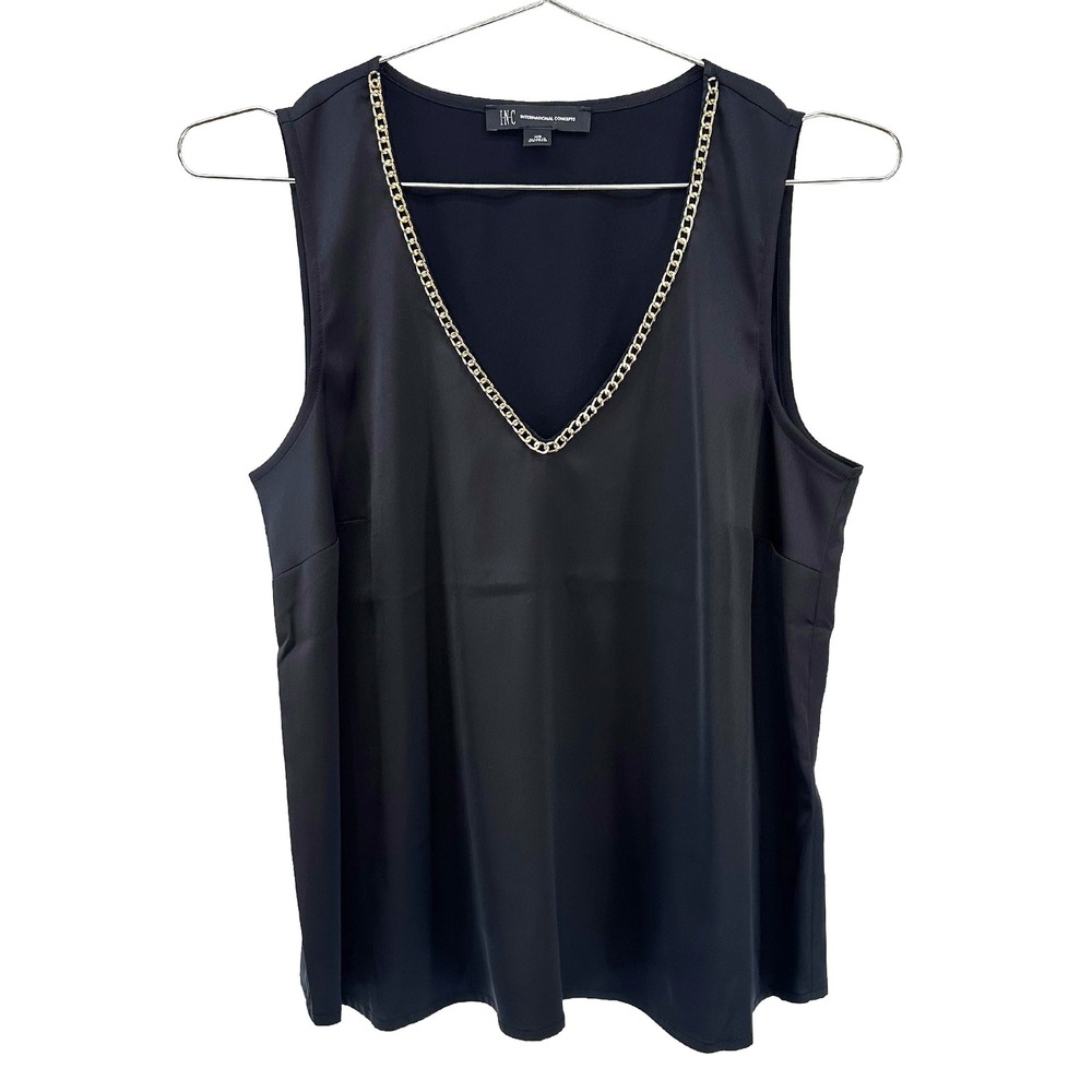 INC Metallic Chain Accent Satin V-Neck Tank Blouse • XS • black gold chic preppy